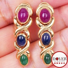 Estate 7.00ct Ruby Sapphire Emerald 14K Gold Dangle Drop Earrings 8.1 Grams NR
