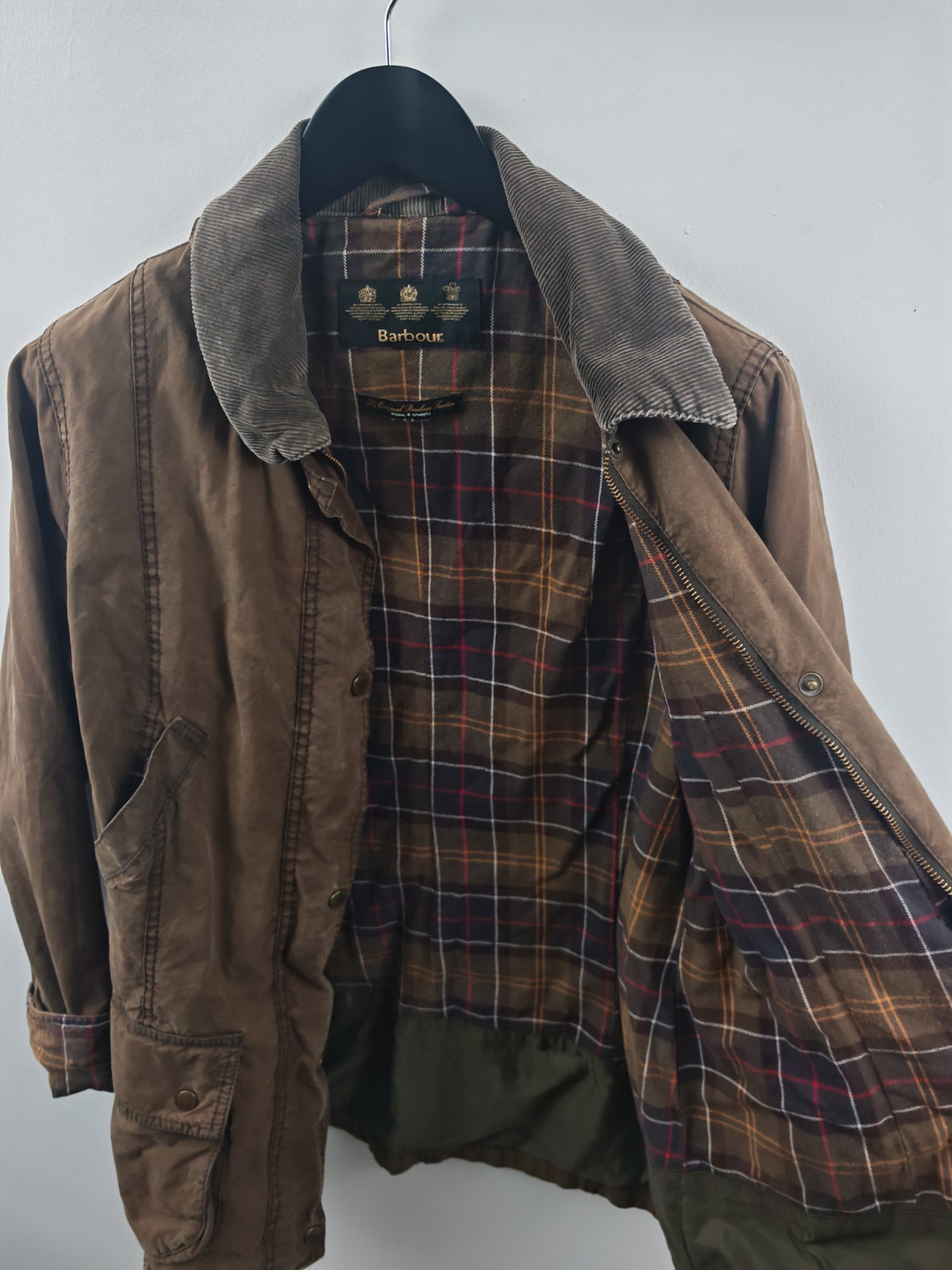 Barbour Vintage Beadnell Waxed Cotton Jacket Womens UK 18 Olive Brown Tartan image 6
