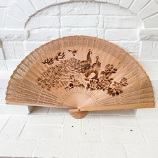 Vintage LARGE Chinese Peacock  Horse Wood Fan Hand Carved  Painted 34  RARE