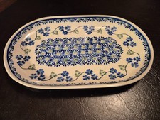Rare Polish Pottery Boleslawiec Unikat Tibit Tray  9.25" x 6" Green Floral EXC