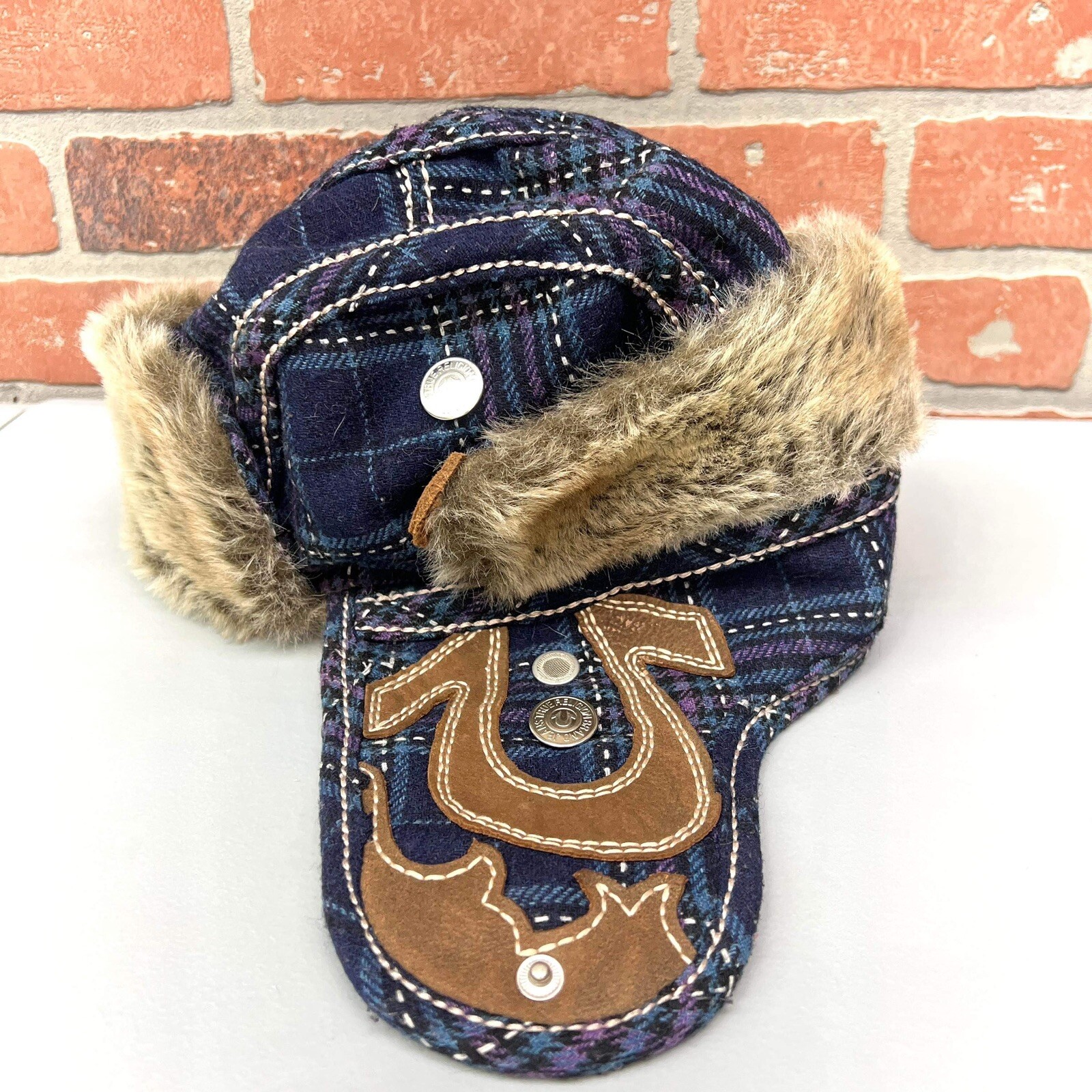 True Religion Plaid Flap Trapper Hat Embroidered Aviator Small - Body Logic