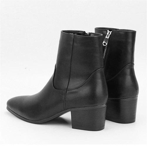Herren seitlicher Reißverschluss Blockabsätze Chelsea Leder Schuhe spitz zulaufend hohe Oberteile schwarz Stiefel - Bild 6 von 10