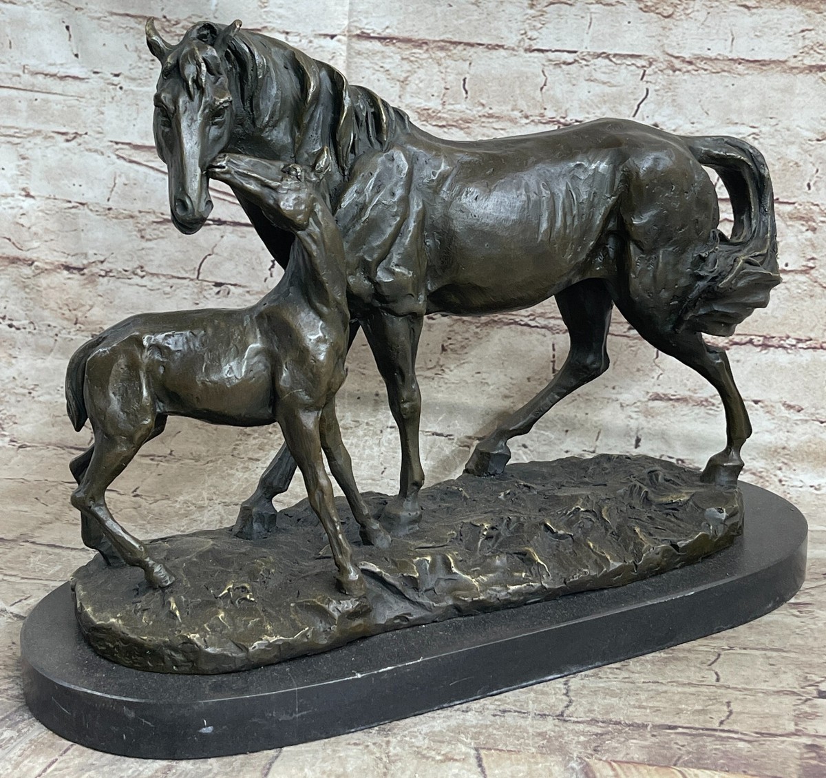 BRONZE CLASSIC SCULPTURE 2 HORSES FAMILY MARE FOAL SIGNED HAND