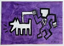 Keith Haring (Handmade) Drawing On Old Paper Signed & Stamped, vtg art
