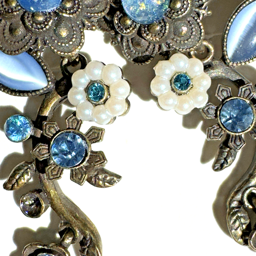 Earrings Avon Blue Rhinestones Moonstone Brass Color Floral Flowers Clip Ons 2" - Picture 5 of 11