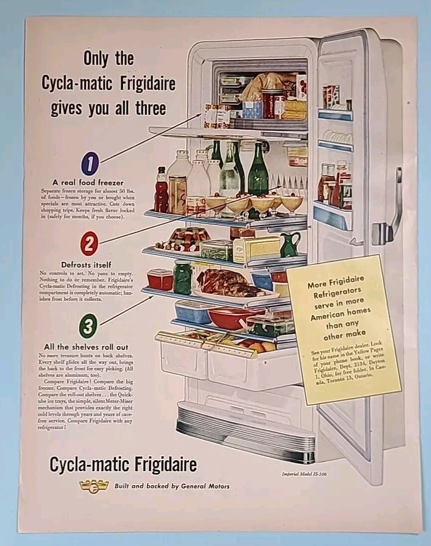 1953 Cycla-matic Frigidaire Vintage Print Ad, Built and back
