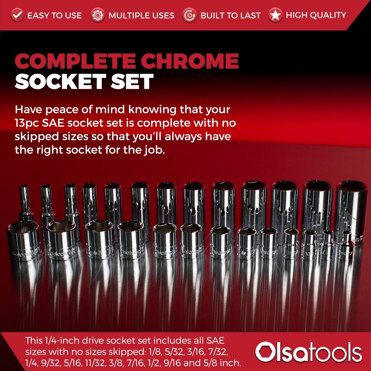 Olsa Tools SAE Socket Set (13pc) | 1/4-Inch Drive | 6-Point Deep