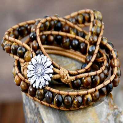 Tiger Eye stone bead cowhide rope cuff bracelet 3 circles Chakra