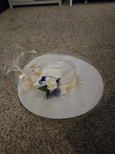 Womens Sun White Organza Hat Wide Brim Wedding Church Racing Beach - Picture 2 of 7