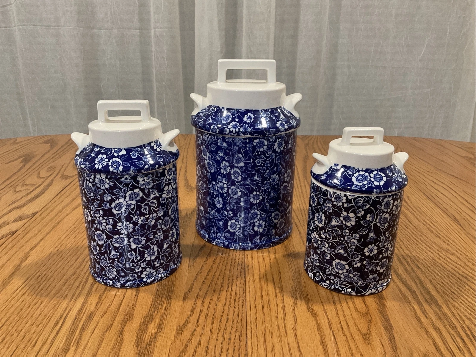 Colonial Calico Blue & White Canisters Vintage Set 3 Floral Lidded Ceramic Jars