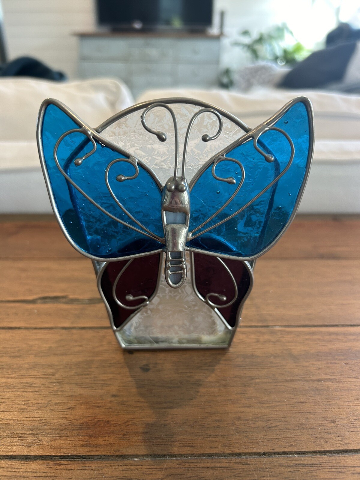 Vintage Stained Glass Butterfly Tea Light Candle Holder 4.75 Inch