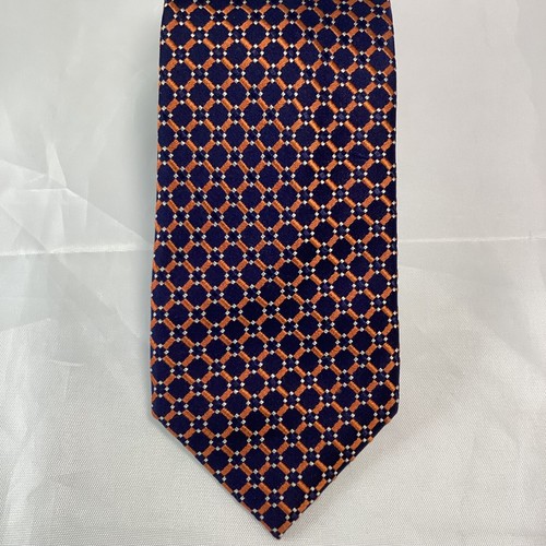 Countess Mara 100% Silk Necktie Navy Blue Orange Woven Geometric ~ 3.25" - Picture 2 of 7