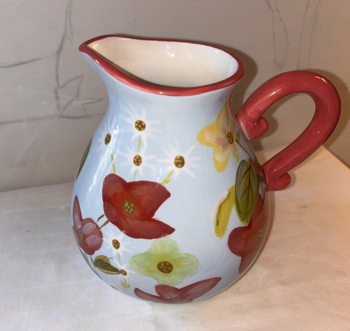Beautiful Collectible Harry and David Blue with Red Flowers Ceramic Pitcher. 7”