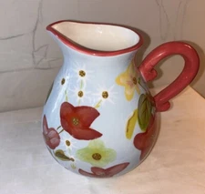Beautiful Collectible Harry and David Blue with Red Flowers Ceramic Pitcher. 7”