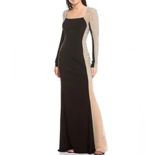 Xscape Black Nude Silver Crystal Beaded Long Sleeve Gown Size 10 $298