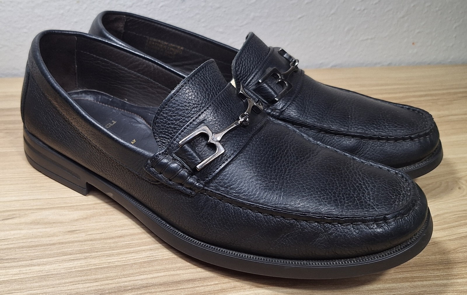 Bruno Magli Black Pebble Grain Leather Horsebit Loafers Italy Men's Shoes Size 9