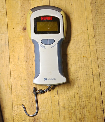 Rapala Digital Hanging Fish Scale w/ Hook, 50 lb Capacity, White/Gray/Yellow