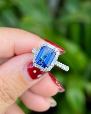 Emerald Cut Blue Sapphire Ring 925 Sterling Silver Gift For Her Engagement Ring.