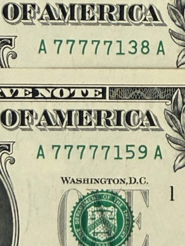 Lot of 2, 5 of a Kind in a Row 7s, UNC $1 One Dollar, Fancy Serial Number 77777