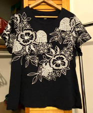 TOMMY HILFIGER Dark Navy with White Floral Leaf Line Art Print Tee 1x