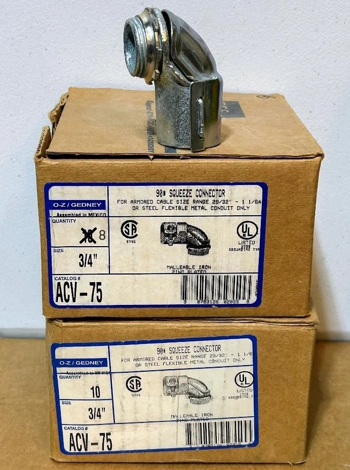 ACV-75 O.Z./GEDNEY 3/4 PULGADAS 90 GRADOS CABLE CONECTOR BLINDADO *LOTE DE 18 NUEVOS O/B Foto 2 de 4