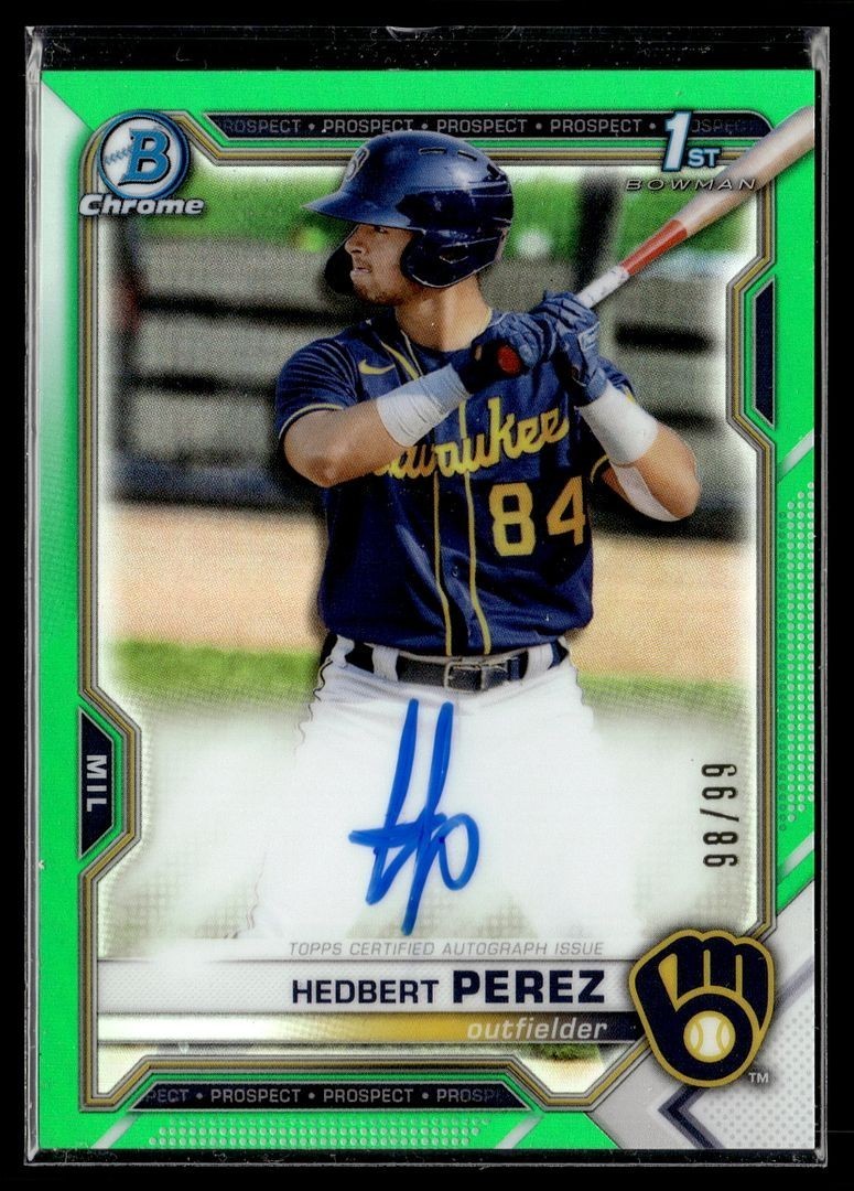2021 BOWMAN CHROME GREEN /99 1ST PROSPECT AUTO HEDBERT PEREZ BREWERS