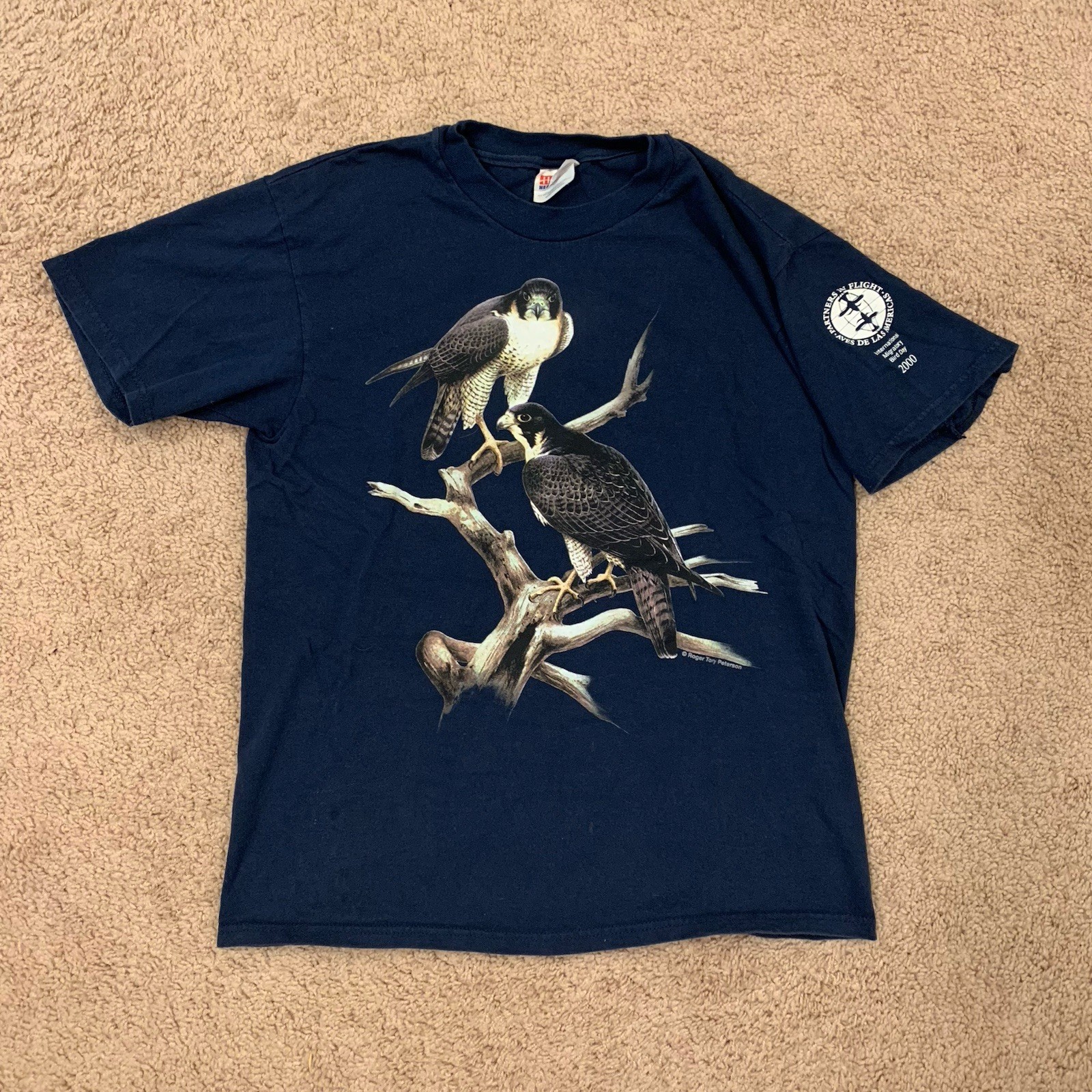Rare 2000 Peregrine Falcon Roger Tory Peterson Navy Graphic Tee Shirt, Adult M 