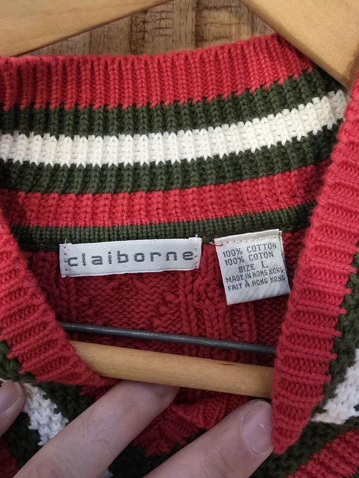 Suéter Vintage Clairborne Cuello en V Para Hombre Talla L Rojo y Blanco Preppy 100% Algodón Foto 4 de 4