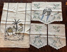 Vintage Mexican Folk Art Embroidered Dresser Scarf/3-Other Embroidered Pieces