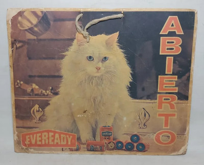 VINTAGE & RARE ARGENTINA EVEREADY BATTERIES CARDBOARD OPEN CLOSED SIGN CATS AD