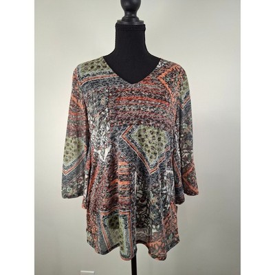 Ruby Rd Womens V-Neck Tunic Top 3/4 Sleeve Patchwork Geometric Print 64152 JF M