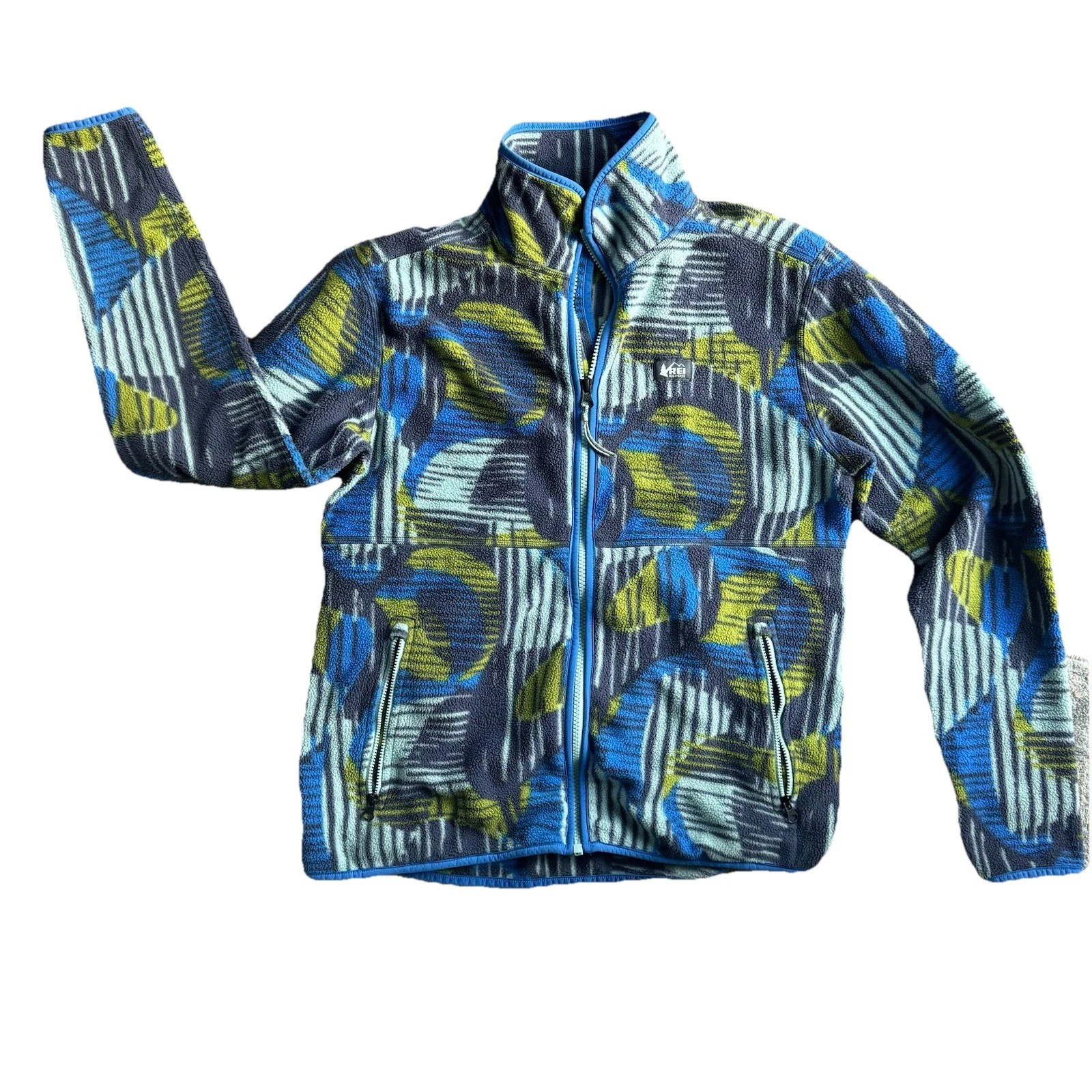 VTG REI Co-op Full Zip Fleece Jacket Size M Blue Yellow Gray Abstract Pattern