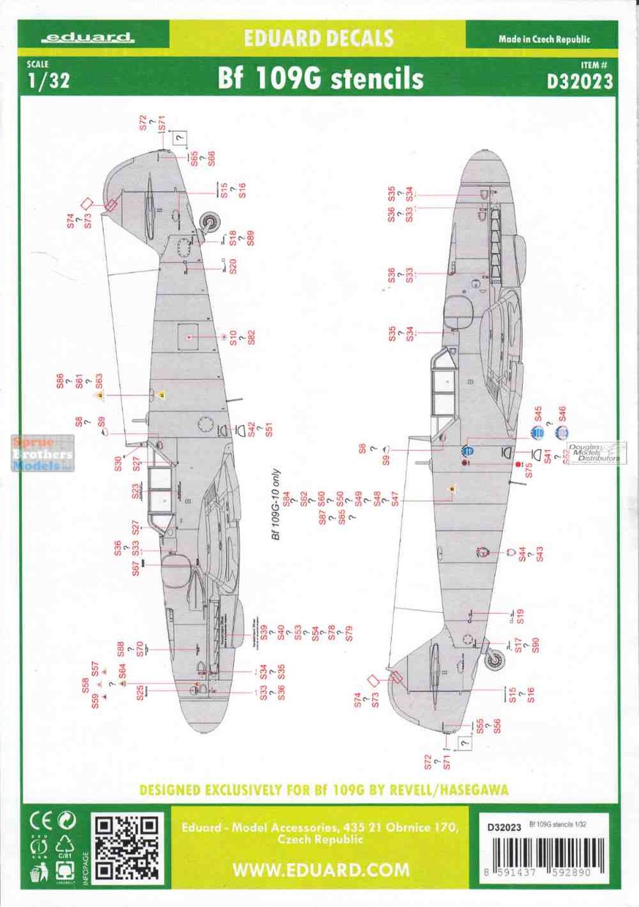 EDUD32023 1:32 Eduard Decals - Bf109G Stencils (REV/HAS kit)