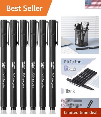 No Smudge Black Felt Tip Pens, Pack of 6 - Ideal for Color Coding & Writing