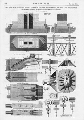 LONDON The New Hammersmith Bridge Pier Foundations 2 x antike Drucke 1887