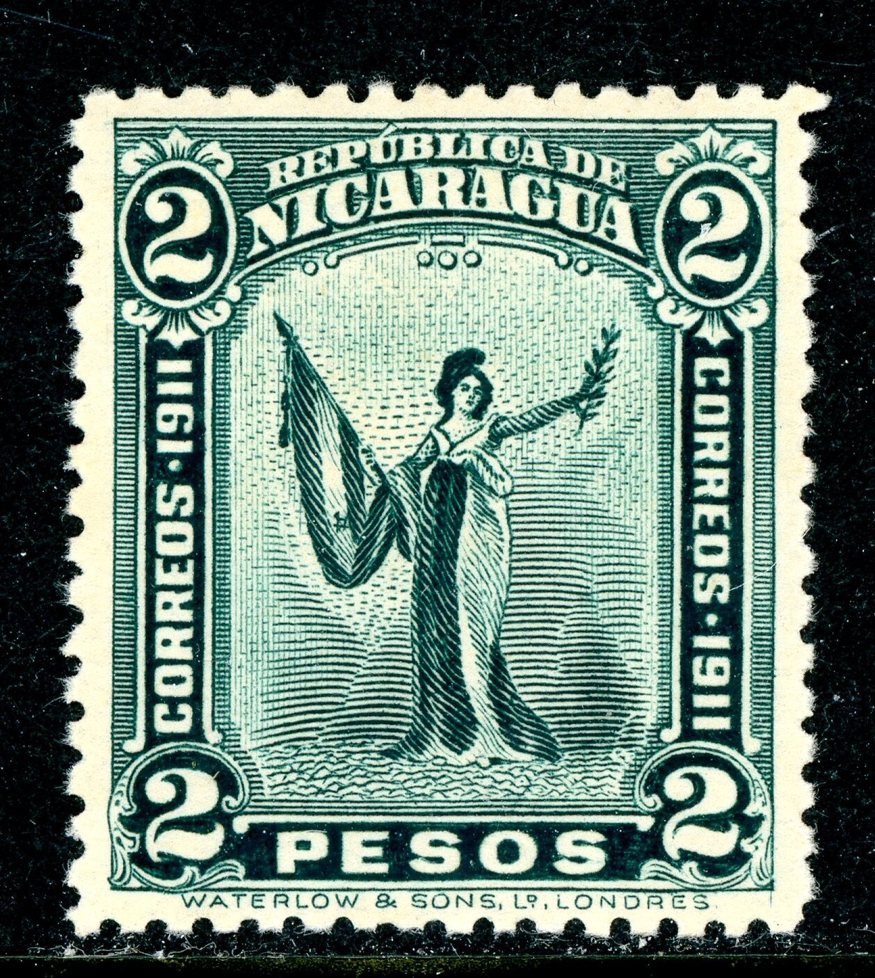 Nicaragua 1913 Liberty 2 Peso Blue Green Scott #308 MNH N157