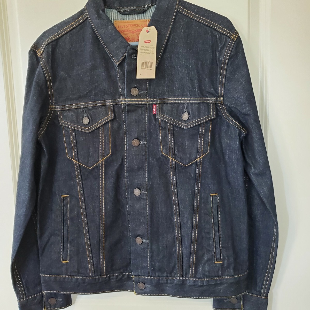 NWT Levis Denim Trucker Jacket Coat Jean BUCK YEAH sz S dark blue