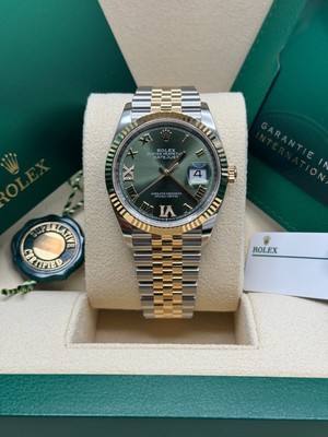Rolex Datejust 36 NEW 2024 Green Roman Diamond Dial Two Tone Yellow Gold Jubilee