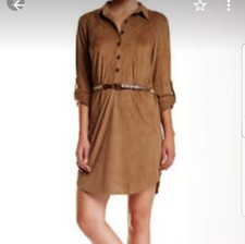 Eci Women's Size Medium Camel Brown Faux Suede Shirt Dress