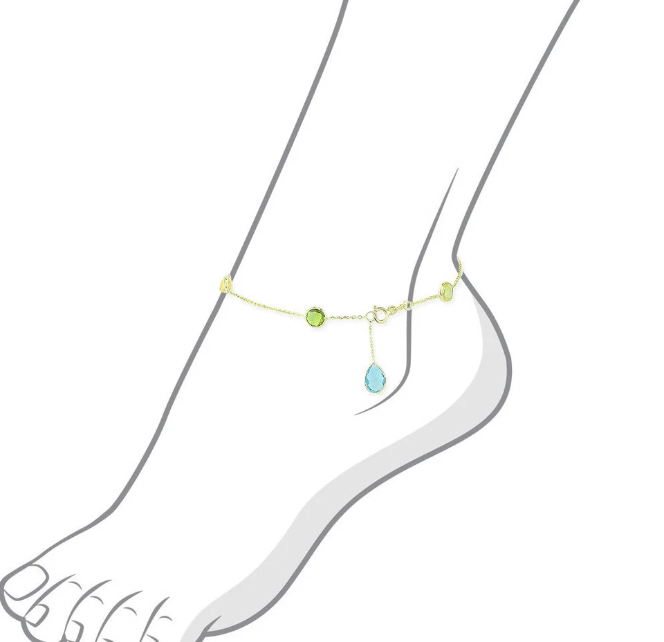 Tobillera de piedras preciosas de oro amarillo de 14K con una caída de topacio azul de 9,5 pulgadas Foto 3 de 3