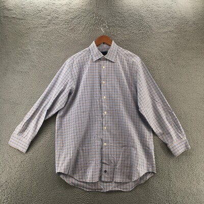 David Donahue Button Up Shirt Mens 17 Blue Plaid Cotton Long Sleeve Collared