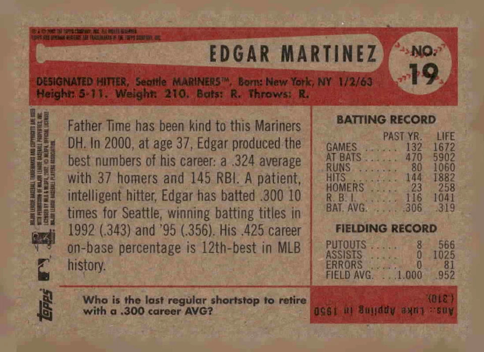 2002 Bowman Heritage #19 Edgar Martinez - Image 2 of 2