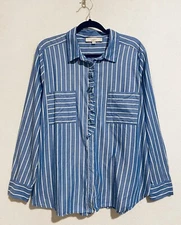 LOFT Top Womens XL Blue Pinstripe Everyday Shirt Ruffle Button Up Work Career