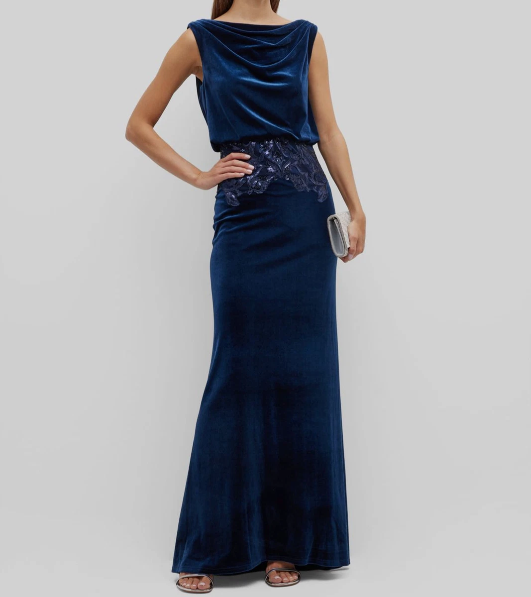 468 Tadashi Shoji Women s Blue Velvet Embroidered Cowl Neck Gown
