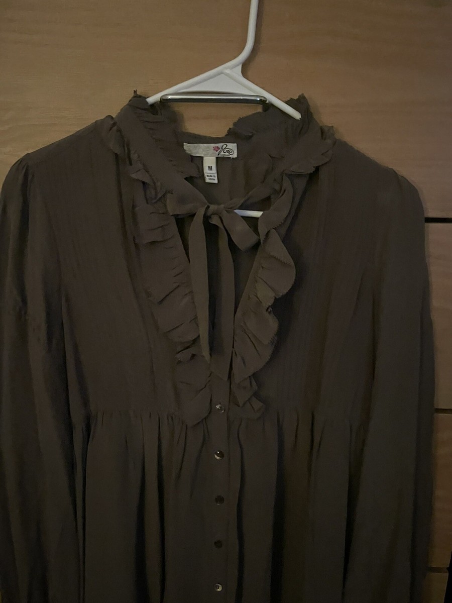 New Joie Brown Silk Bow Tie Ruffle Neck Long Sleeve Dress Size M | eBay