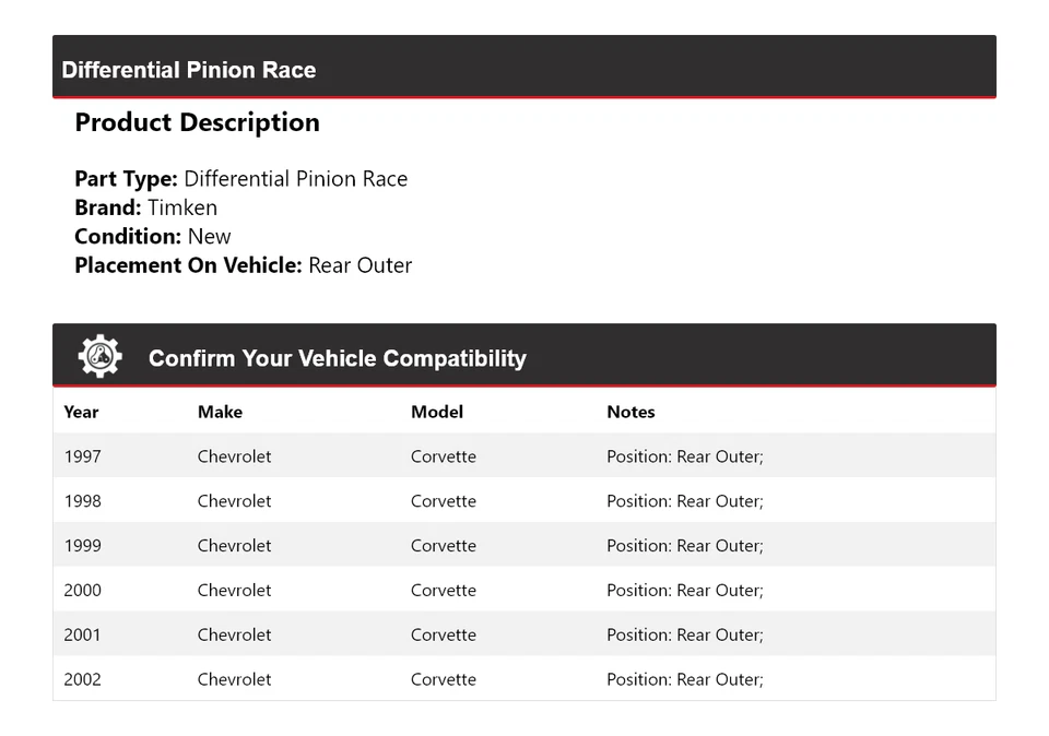 Para Chevrolet Corvette 1997-2002 Diferencial Piñón Carrera Trasero Exterior Timken 1998 Foto 2 de 4