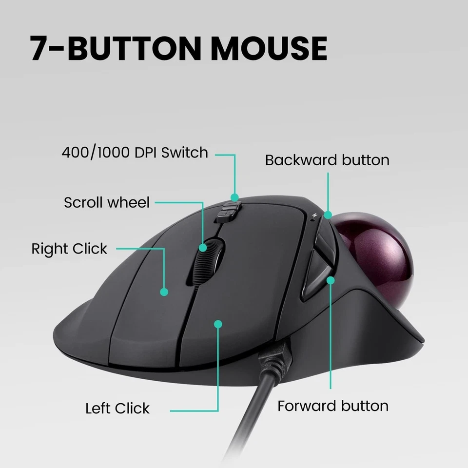 Wired Ergonomic Trackball Mouse - 7 Buttons with DPI Switch for Easy Navigation - Image 4 of 4