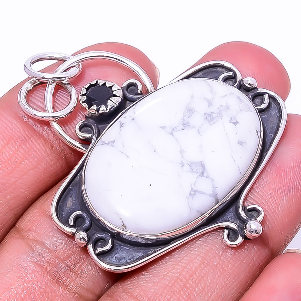 Natural White Howlite 925 Sterling Silver Pendant 1.95 Inch P28 USA