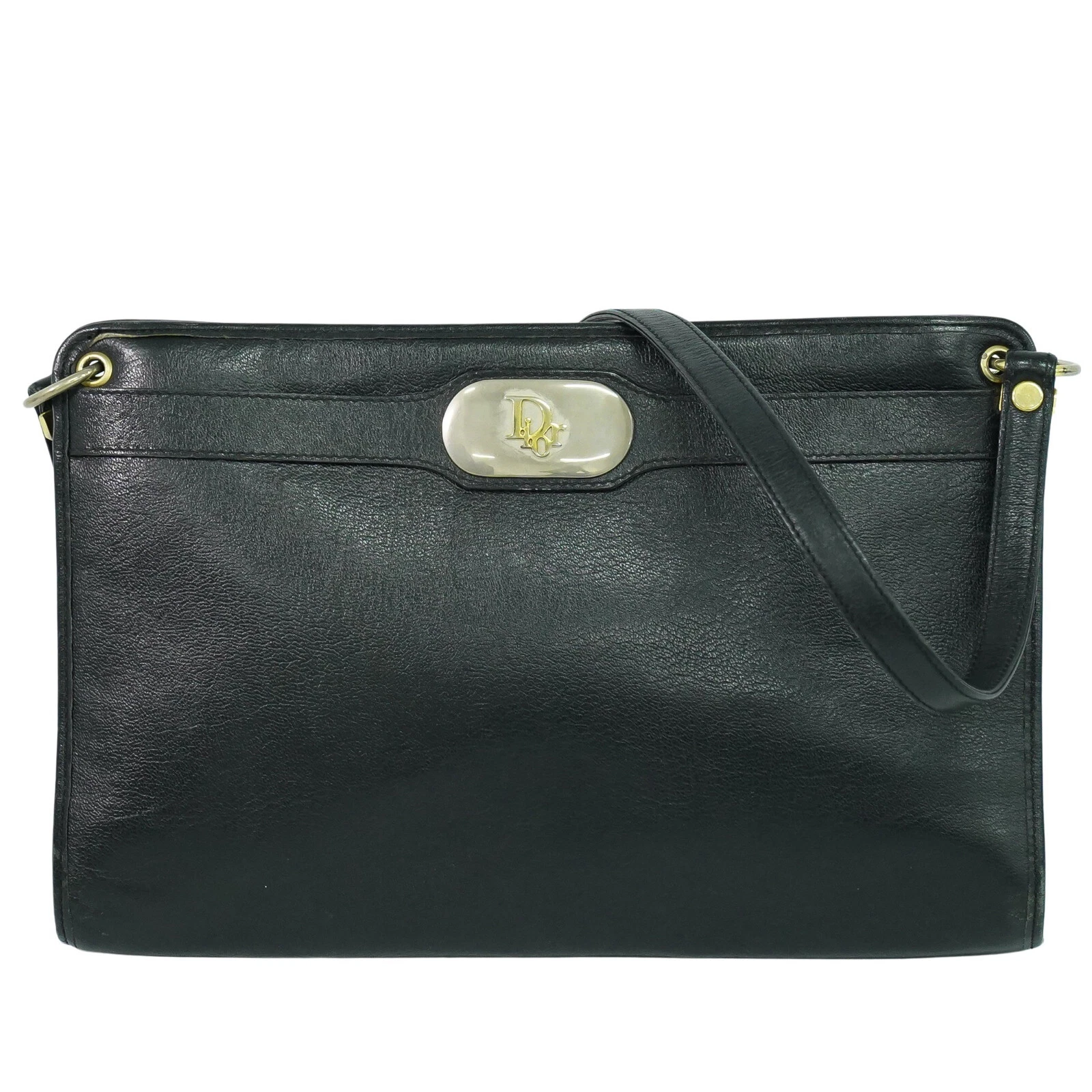 Sac bandoulière Christian Dior en cuir noir doré