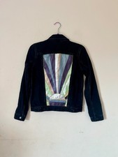 Customised Gap Black Denim Jacket | Jean Genie Leather Applique Back Detail | XS